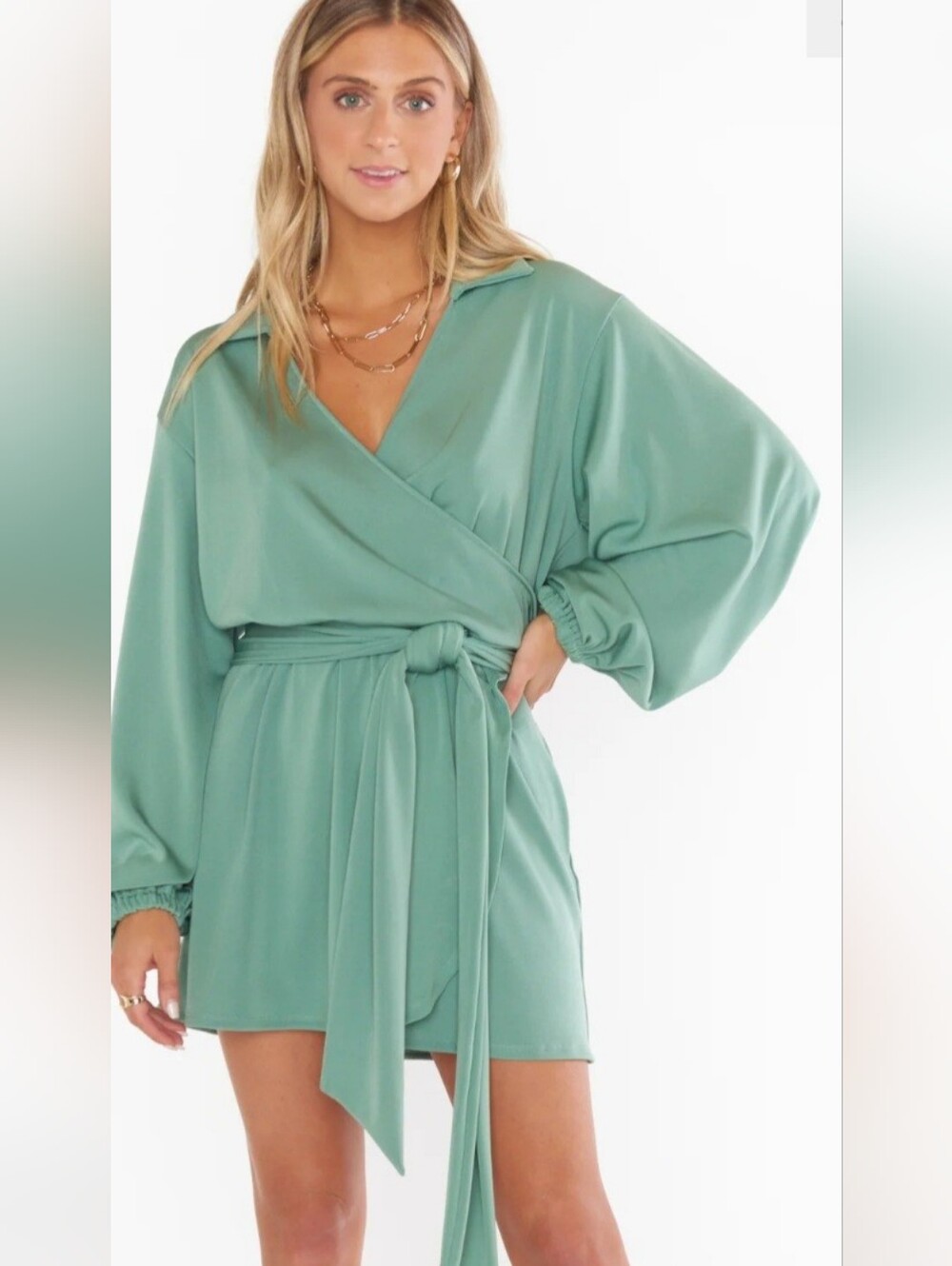 Mumu Sage Green Wrap Mini Dress with Tie Waist